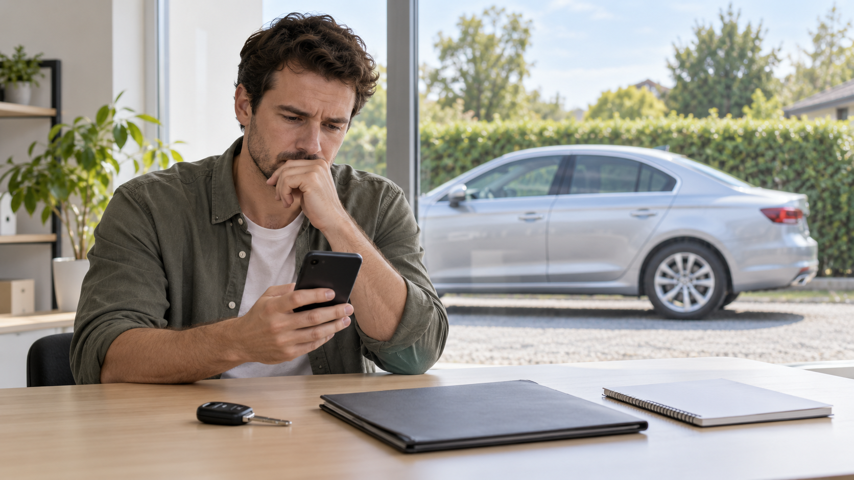 AI-generated illustration of a car seller pausing over a phone beside a key and closed folder, with a fictional silver sedan outside.