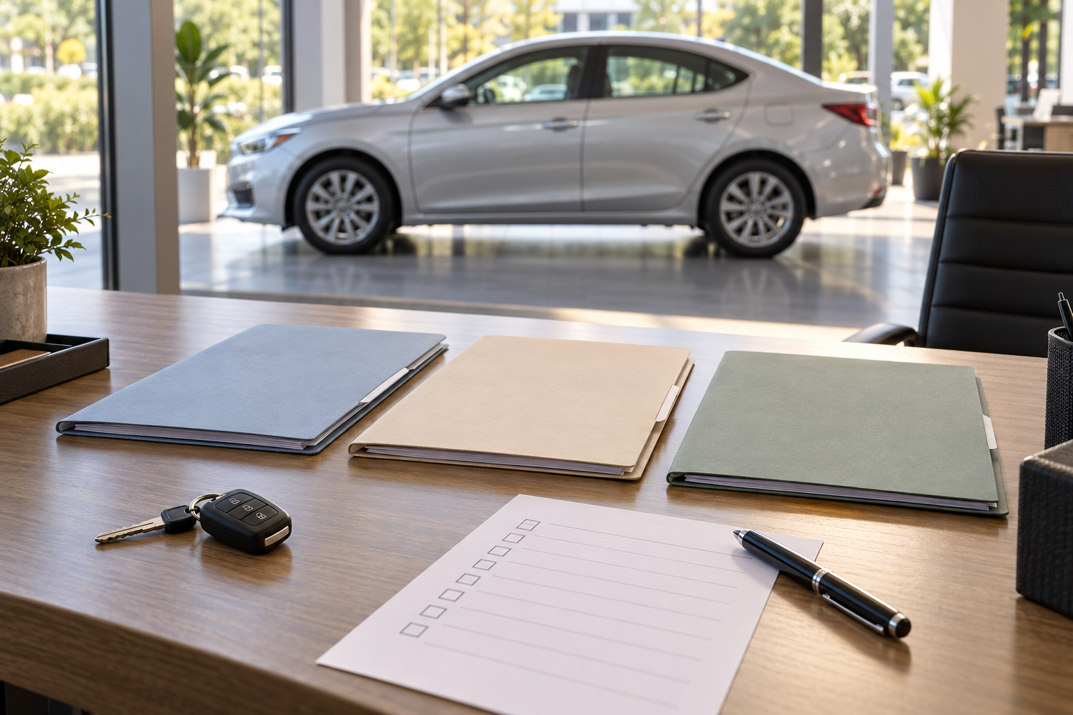 AI-generated editorial illustration of three plain document folders, a car key and blank checklist on a desk with a fictional silver sedan behind glass.